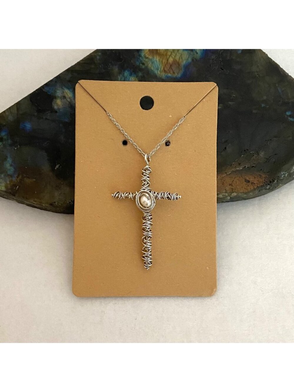 Sterling Silver 925 Wire Wrapped Cultured Pearl Cross Pendant Necklace 24" Chain